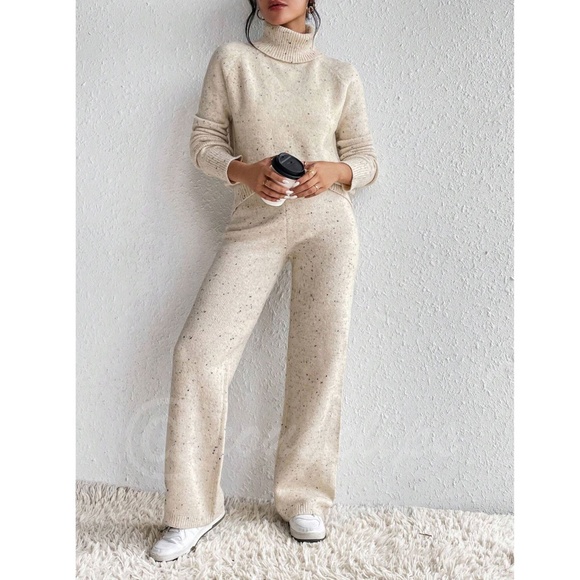 2 Piece Knit Set Turtleneck Sweater & Pants Beige - Picture 1 of 16